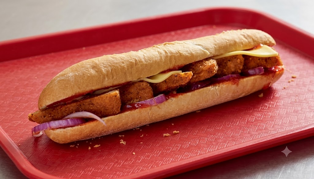 Close up of vegan southern friend chicken-free baguette at Greggs