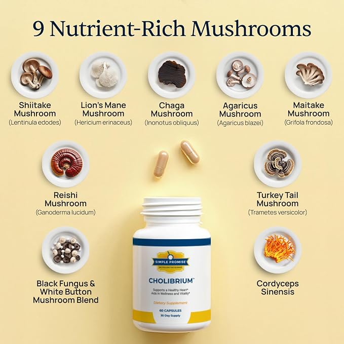 Cholibrium ingredients showing a blend of 9 nutrient-rich functional mushrooms including Reishi, Lion's Mane, and Turkey Tail