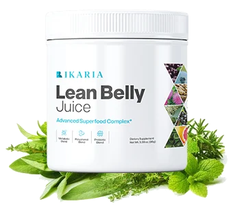 Ikaria Lean Belly Juice plant based tub on green leaves