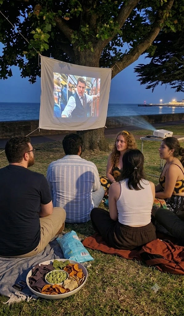 At a local Couchsurfing event, a group of vegan friends from different backgrounds sat together on a blanket by the ocean at night. They watched a movie on a screen tied to a tree and shared plant-based snacks like nachos and sliders.